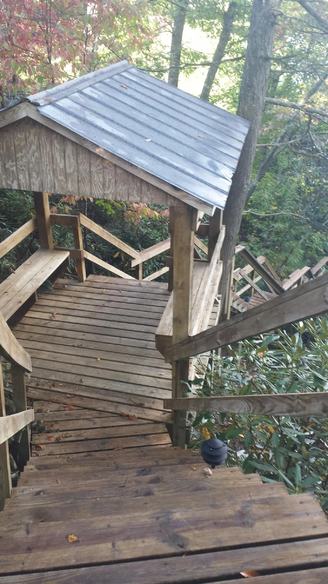 Metal roofed shelter over wooden steps on a wooded walkway — Skylight Repair & Installation work by our crew in Mount Crawford